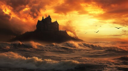 A gothic house on a rocky island is silhouetted against a dramatic sunset, with waves crashing around it and birds flying overhead.