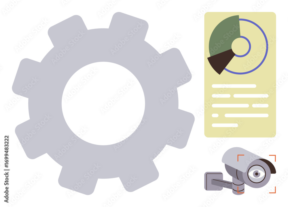 Poster large gear, pie chart with text, and security camera symbolizing automation, data management, and se