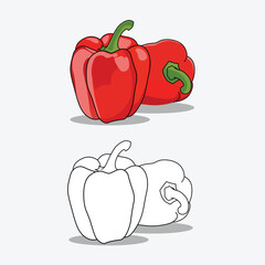 Red and black and white cartoon illustration of bell pepper on white background