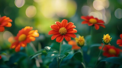 A group of bright orange flowers bloom in a field with a soft, green background.