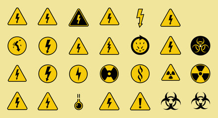 Collection of warning signs, including electricity, biohazard, and radiation symbols.