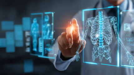 Futuristic medical interface displays a digital human skeleton with a doctor interacting, highlighting lungs and advanced health technology for diagnostics and treatment
