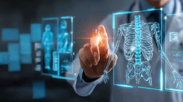 Futuristic medical interface displays a digital human skeleton with a doctor interacting, highlighting lungs and advanced health technology for diagnostics and treatment