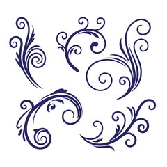 Fototapeta premium Elegant collection of decorative floral swirls and flourishes in dark blue design elements
