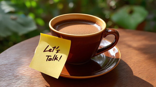 A brown cup filled with coffee sits on a wooden table with a yellow sticky note reading "Let's Talk!" in a sunlit outdoor setting with green blurred foliage in the background
