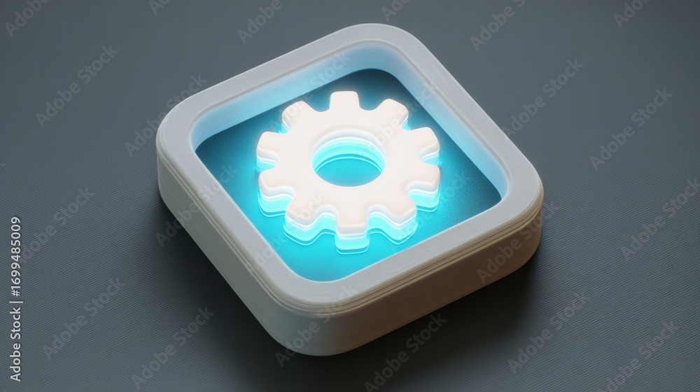 Poster creative gear icon illuminated with a soft blue glow on a textured surface showcasing modern design 
