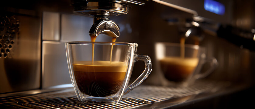 A double espresso shot is being brewed into a transparent glass cup from a professional espresso machine, showcasing rich crema and dark coffee layers