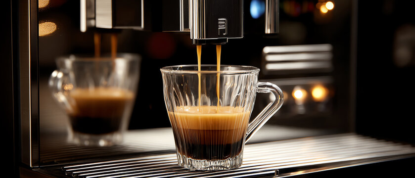 Espresso coffee is being brewed from a modern coffee machine into a clear glass cup, highlighting the rich layers of crema and dark coffee against a blurred background