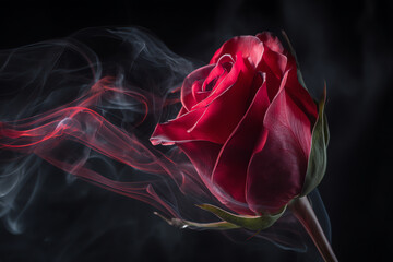 A close-up of a vibrant red rose with delicate green leaves surrounded by swirling wisps of smoke against a dark background, creating a dramatic and mysterious atmosphere