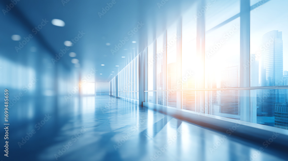 Aufkleber bright, modern empty corridor in a high-rise building with large glass windows showcasing a cityscap