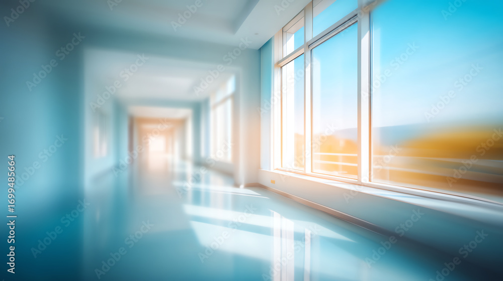 Aufkleber bright, empty corridor with large windows letting in natural sunlight, creating reflections on the p