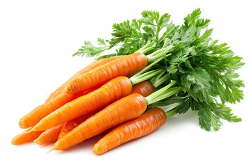 Fresh bunch of bright orange carrots with green leafy tops isolated on white background, showcasing healthy and natural produce