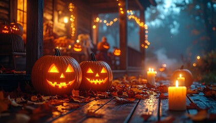 Spooky Halloween night scene with glowing carved jack-o'-lanterns and candles on a rustic wooden porch