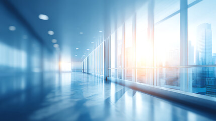 Bright, modern empty corridor in a high-rise building with large glass windows showcasing a cityscape and sunlight streaming in, creating a sleek and spacious atmosphere