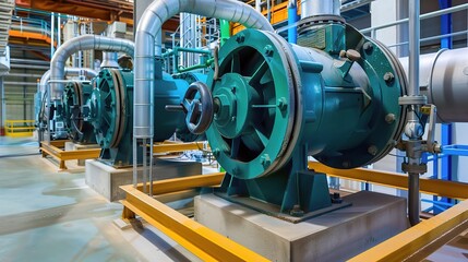 Centrifugal pump with a metallic silver and black body, installed in an industrial facility or water treatment plant to transfer liquids like water, oil, or chemicals