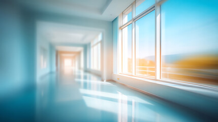 Bright, empty corridor with large windows letting in natural sunlight, creating reflections on the polished floor in a modern, spacious building interior