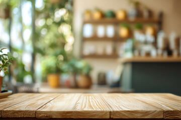 Wooden table surface in a cozy, sunlit room with blurred shelves and green plants in the background, creating a warm and inviting atmosphere