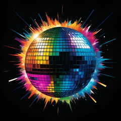 Colorful disco ball explosion in dark space
