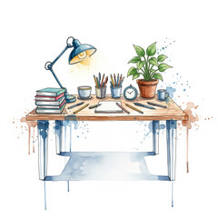 desk, simple watercolor, hand drawn, white background