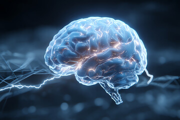 Glowing digital brain illustration with electric neural connections, symbolizing intelligence, neural activity, and advanced technology in a futuristic, high-tech environment