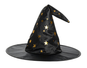 Cut out image of witch's hat. Black witch hat with wide brim and golden stars. Element for Halloween party, carnival hat.	