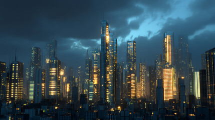 Futuristic cityscape at night with towering skyscrapers illuminated by numerous glowing windows under a cloudy sky, showcasing advanced urban architecture and vibrant city life