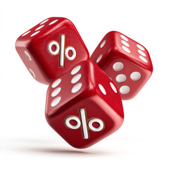 Three red dice with white dots and percentage symbols, floating on a white background, symbolizing chance, risk, and financial percentages