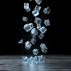 Clear ice cubes falling and splashing on a reflective surface against a black background, showcasing their transparency and sharp edges in dynamic motion