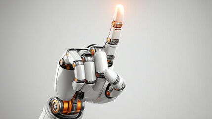 A futuristic robotic hand with intricate joints and orange highlights is pointing upward, symbolizing innovation, technology, and advanced robotics