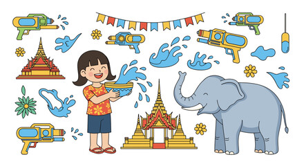 Naklejka premium Joyful celebration of songkran festival with water guns and elephants a cultural event