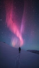 Person Admiring Aurora Borealis in Snowy Landscape