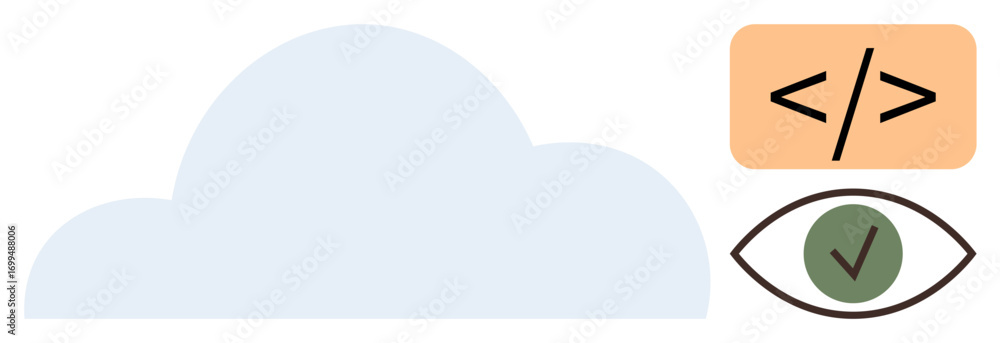 Aufkleber blue cloud shape, coding tag, eye icon with checkmark emphasize cloud computing, development, and se