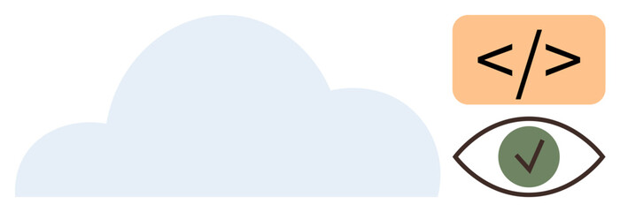 Blue cloud shape, coding tag, eye icon with checkmark emphasize cloud computing, development, and security. Ideal for technology, software, innovation, cloud storage data privacy programming