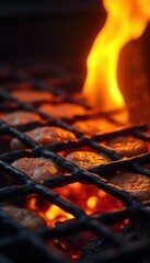 Close-up of vibrant flames licking a grill grate, intense heat and char marks visible on the surface Perfect for culinary, barbecue, and food-related projects , vegetables, grilling