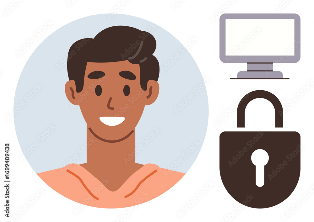 Aufkleber smiling person portrait next to a computer monitor and padlock. ideal for data security, online priv
