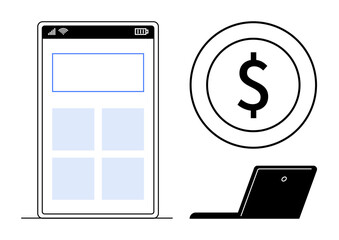 Smartphone with app layout, circular dollar sign, and laptop suggest mobile payments, online finance. Ideal for fintech, e-commerce, digital banking, remote work investment budgeting. Simple flat