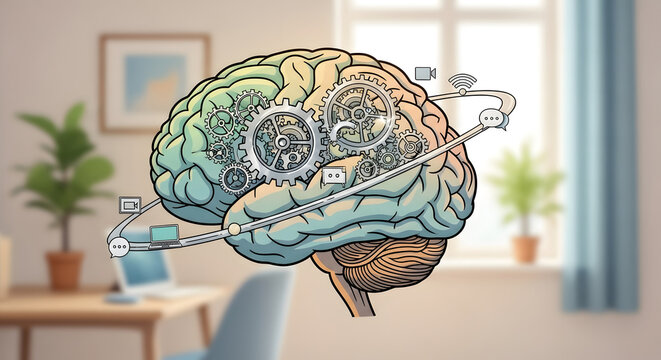 A stylized illustration of the human brain with gears and icons symbolizing the complex mechanics of the remote work lifestyle