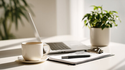 Morning Serenity: Laptop, Coffee, and Green Plant on a Bright White Desk Setting