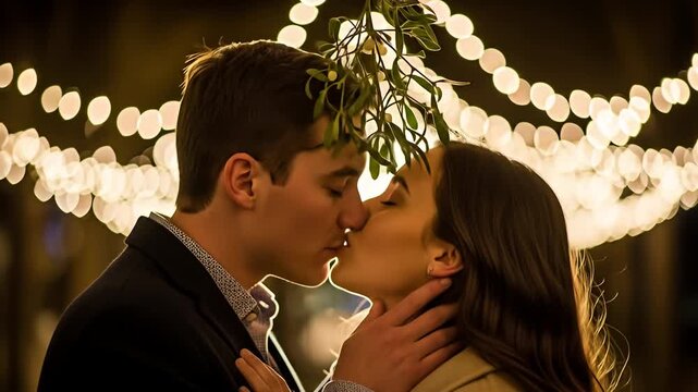 A romantic couple sharing a kiss beneath hanging mistletoe under soft, warm lights