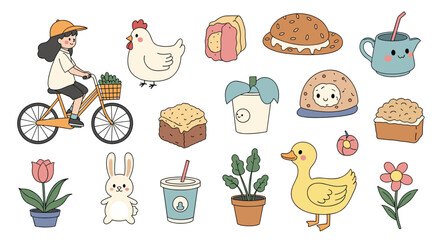Whimsical cottagecore elements featuring a girl riding a bicycle a chicken a duckling a rabbit and many baked goods and plants