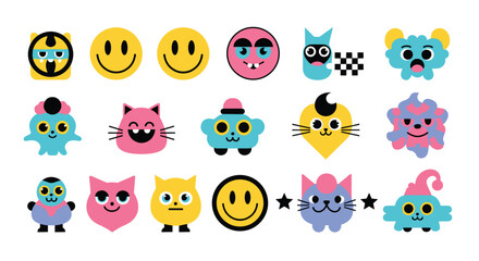 A collection of whimsical pixelated characters and smiley faces in a playful design arrangement