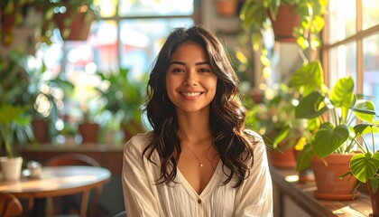 Smiling woman portrait in bright, leafy room with window light
