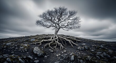 Lonely tree with exposed roots on rocky ground under a dramatic sky.