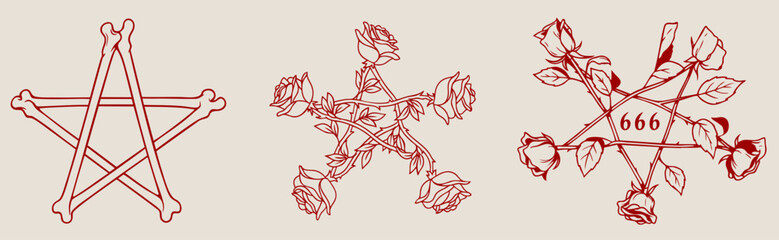Set of occult pentagram symbols with bones, roses