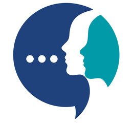 Abstract logo with human profiles inside speech bubble, symbolizing dialogue, mediation and conflict resolution through communication, cooperation, psychology, teamwork and problem solving