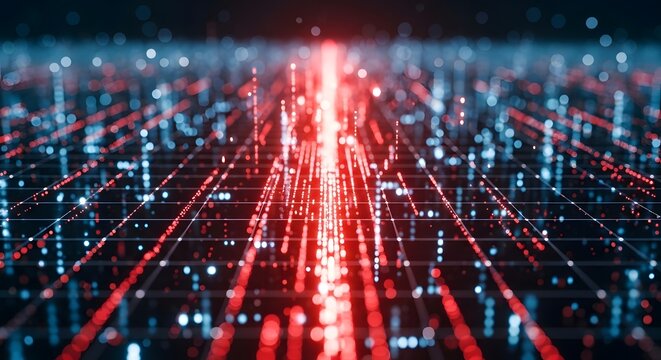 Abstract digital data streams with red and blue light trails, representing network connections.