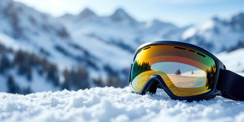 Closeup of a pair of ski goggles placed in soft, freshly fallen snow