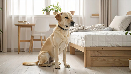 The expression of a dog guarding the bedroom area. A cute alert position.