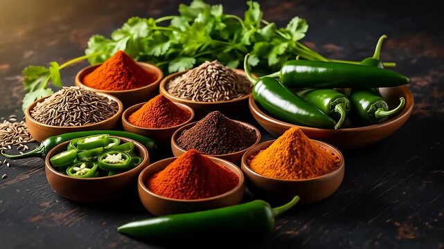 Spices and peppers in wooden bowls and cilantro, food photography on dark surface