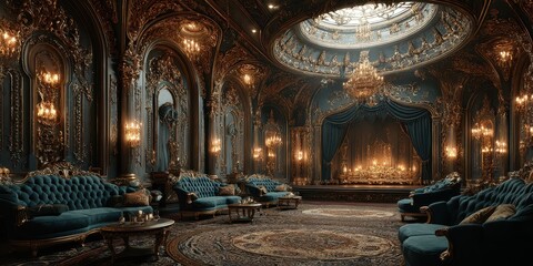 Obraz premium Elegant interior of a lavish ballroom showcasing intricate design and opulent furnishings in soft ambient lighting